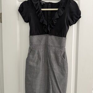 bebe Black and Gray Ruffle V-Neck Midi Dress